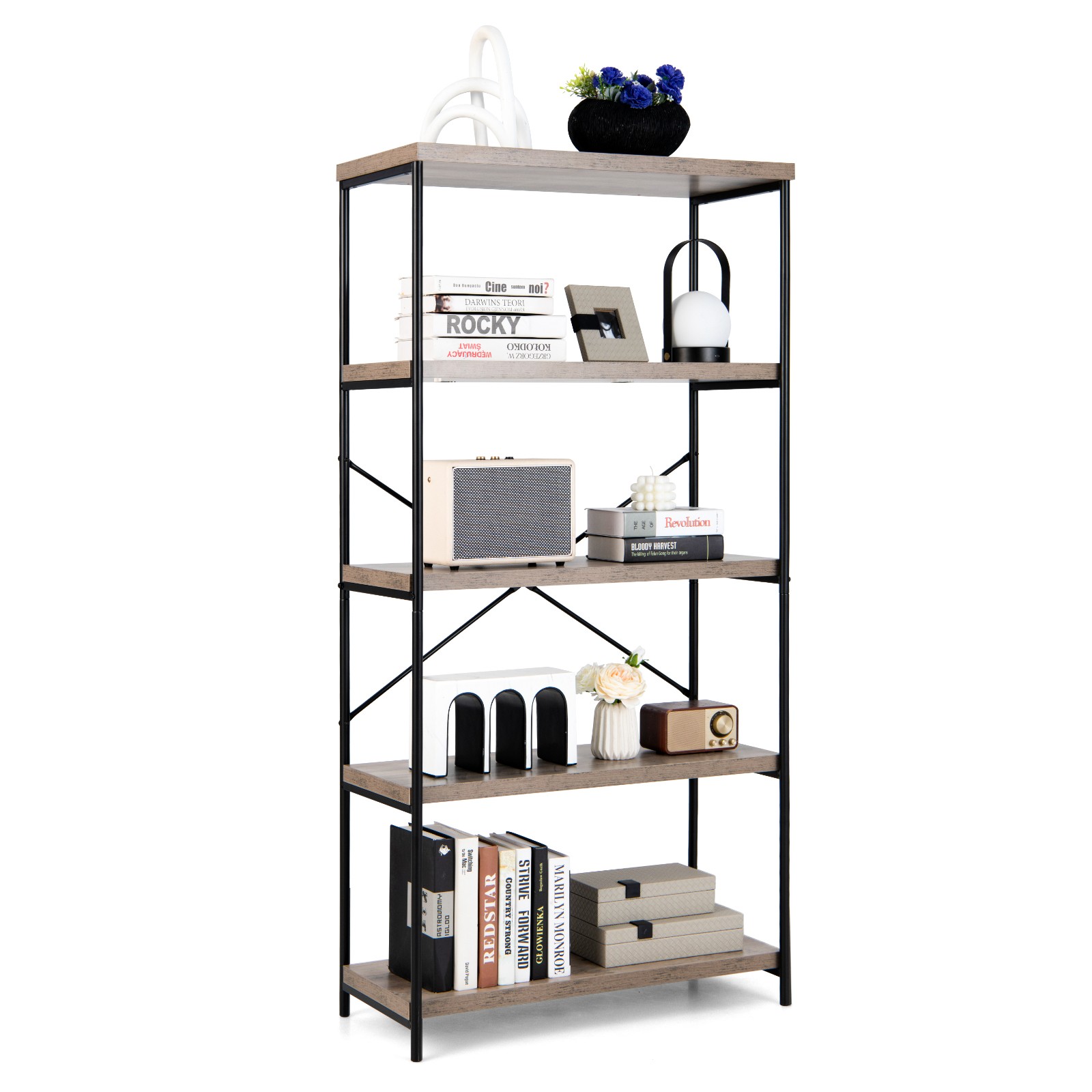 5-Tier Rustic Industrial Bookshelf Wood Display Storage Rack w/Metal Frame Grey gallery