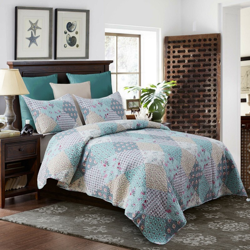 3-Piece Reversible Floral Printed Patchwork Bedspread Quilt Set Bed Coverlet gallery