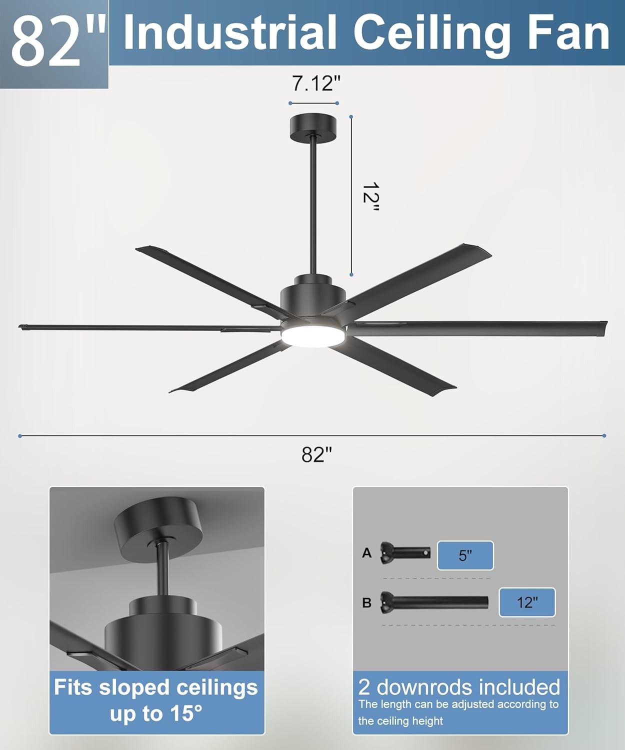 82" Industrial Ceiling Fan Commercial w/ Light & Remote Reversible Quiet Motor gallery
