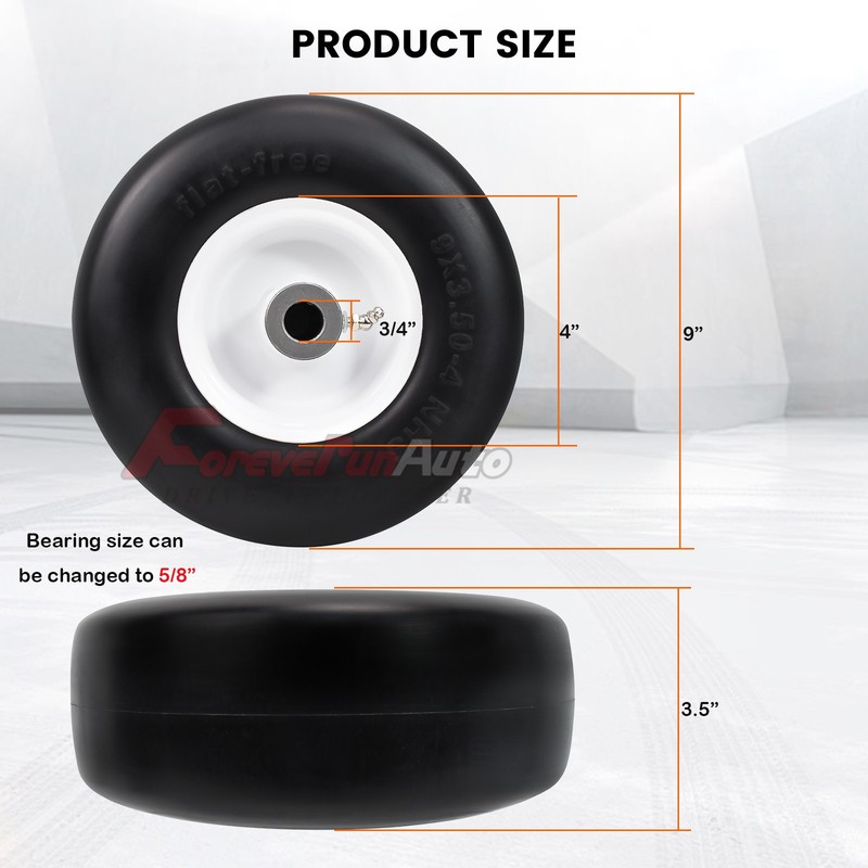 2pcs 9x3.50-4 Flat Free Wheel Tire Solid Smooth Lawn Mower,3/4" or 5/8" Bearing gallery