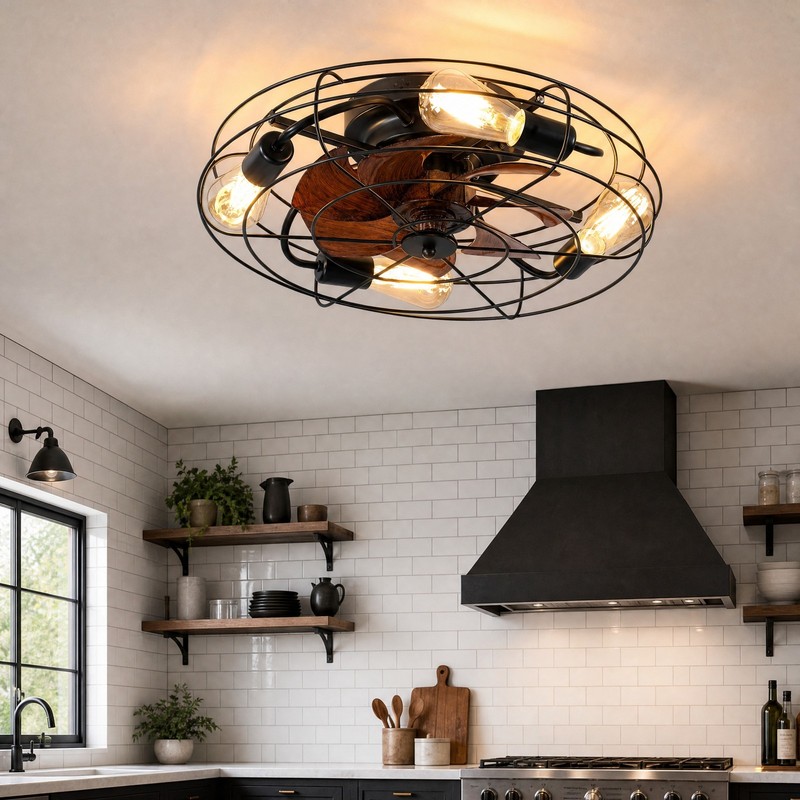 20" Ceiling Fan Light Flush Mount Farmhouse Caged Lights kit With Remote Control gallery