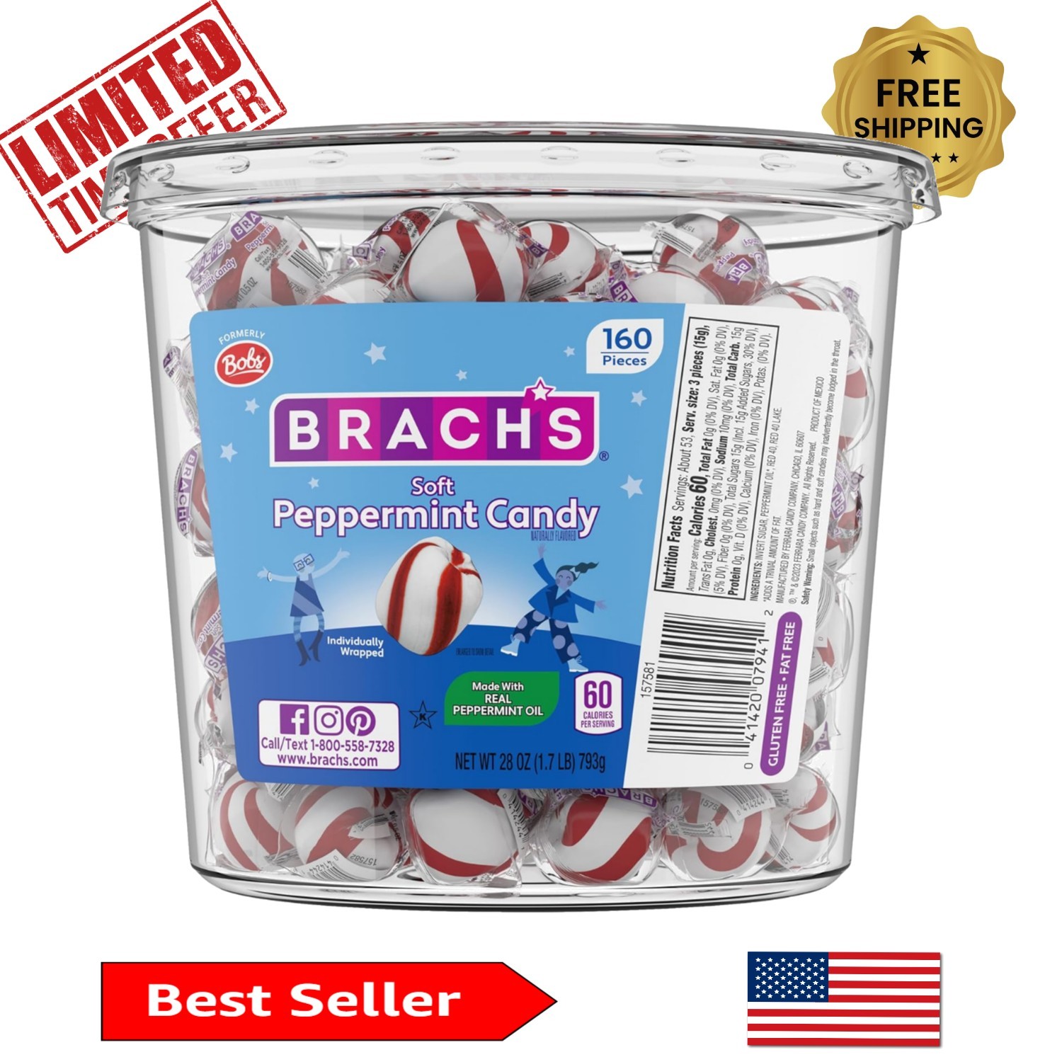 Classic Bobs Sweet Stripes Peppermint Candy - Perfect for Sharing, 160 Count gallery