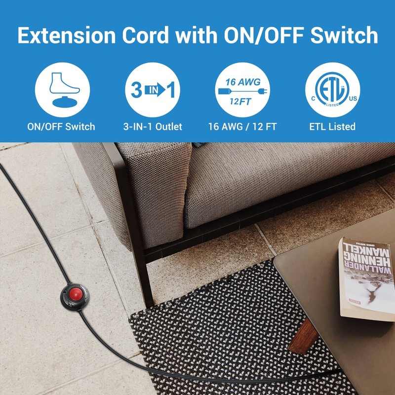 DEWENWILS 12 FT Extension Cord with Multiple Outlets ON/Off Switch Flat Plug gallery