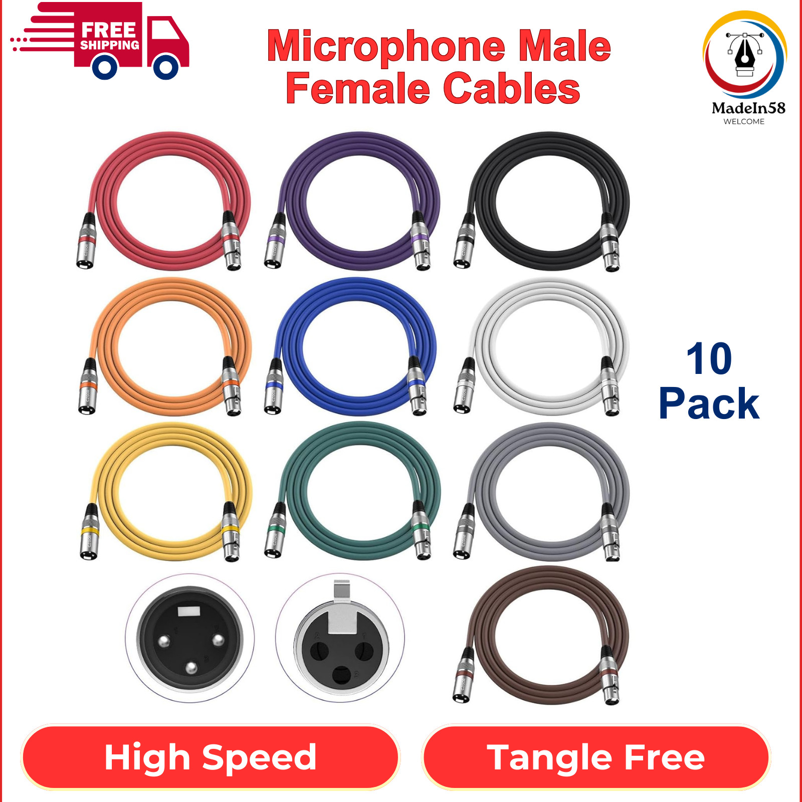 XLR to XLR Cables 6ft 10 Pack, DMX Cable 3-Pin Microphone Male Female Cables gallery