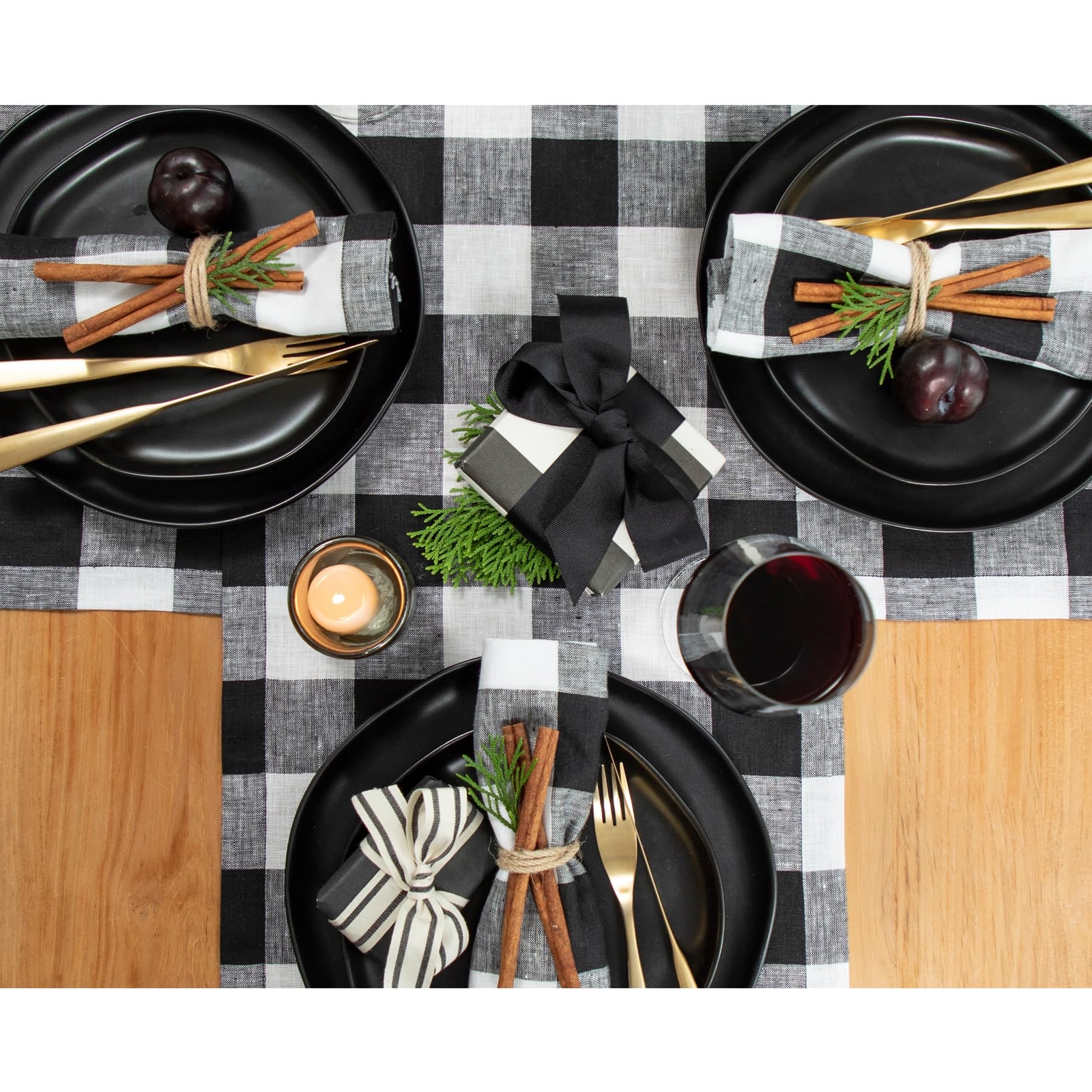 Linen Buffalo Plaid Table Runner 14x48-Inch Black and White for Farmhouse Decor gallery