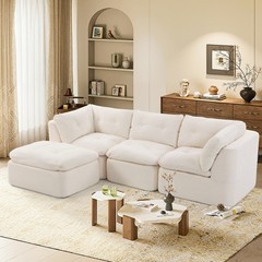 Modern Cloud L-Shaped Sectional Sofa with Ottoman, Chenille Fabric, Beige
