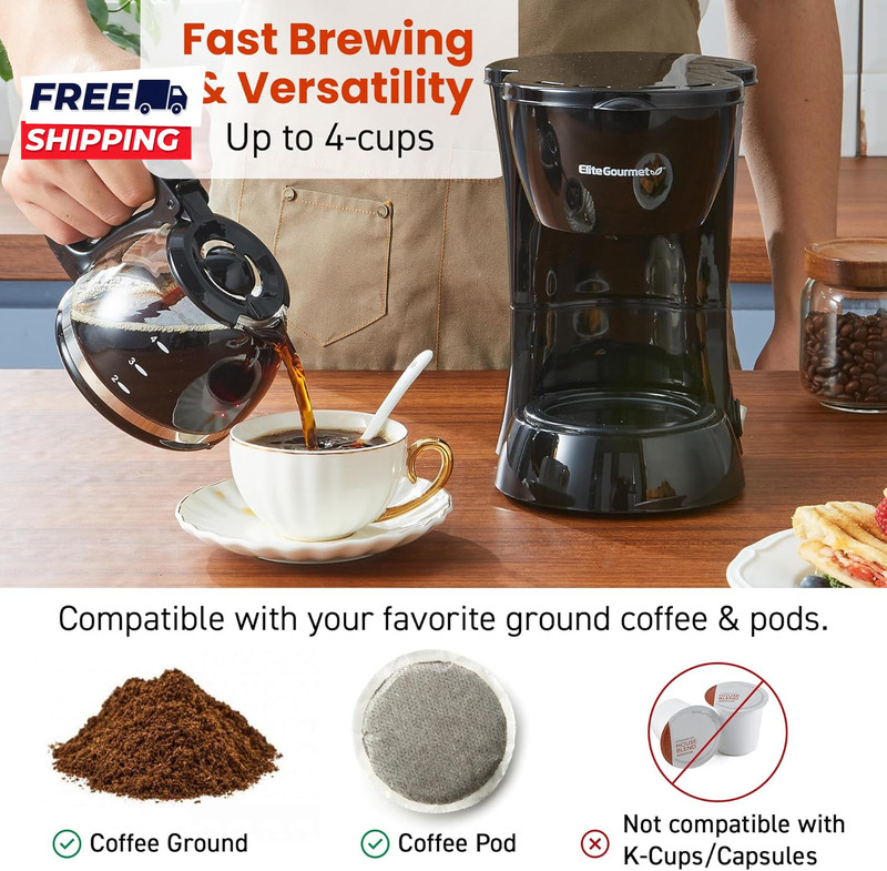 EHC4128 Automatic 4-Cup Brew & Drip Coffee Maker with Pause N Serve, Glass Caraf gallery