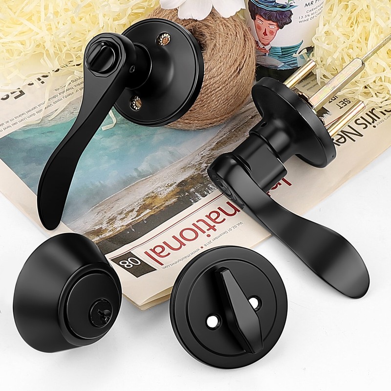 Probrico Matte Black Front Door Handle Entry Lock Set Door Levers Deadbolt Locks gallery