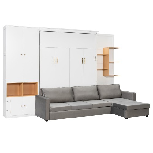 Queen Size Murphy Wall Bed with Sofa & Shelves Cabinets Saving Wood Hidden Beds gallery