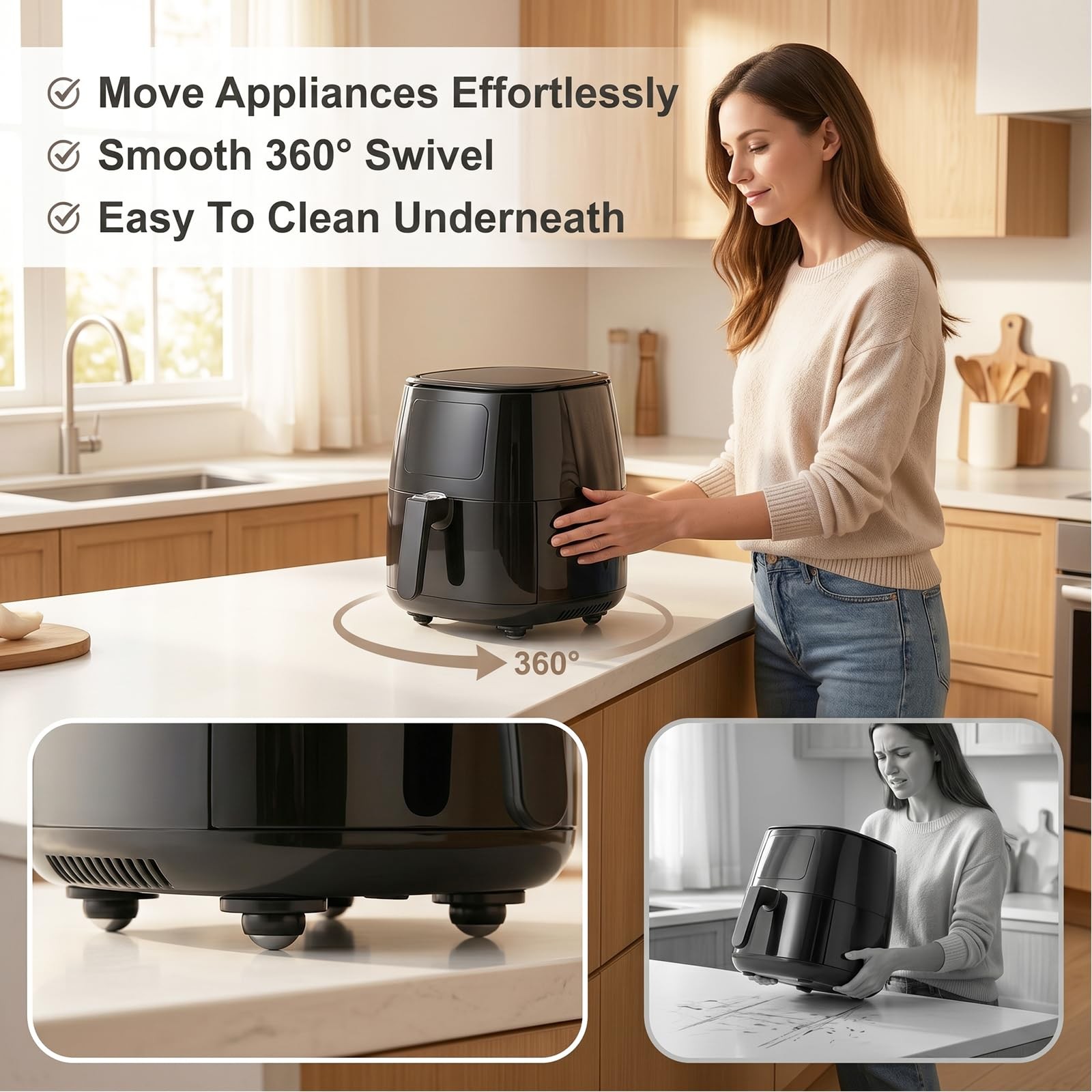 8 Black Self-Adhesive Mini 360° Swivel Casters, Silent, Non-Scratch, 66lb Cap gallery