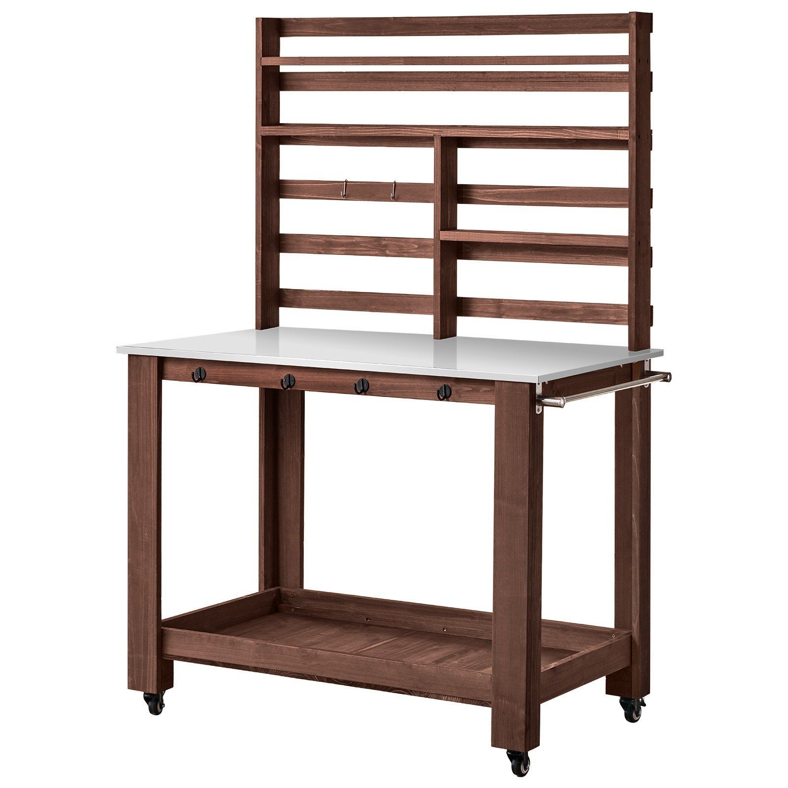 Potting Bench: 45x26in Stainless Table, Fir Wood, 3 Shelves, Hooks & Casters gallery