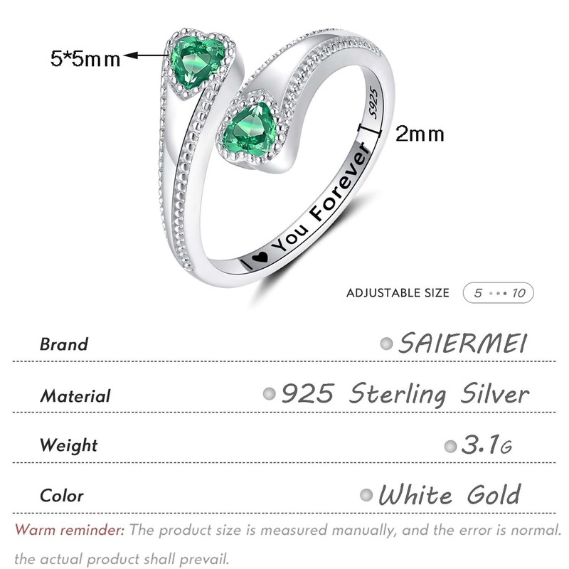 925 Sterling Silver Adjustable Heart Birthstone Rings for Women Open Double L... gallery