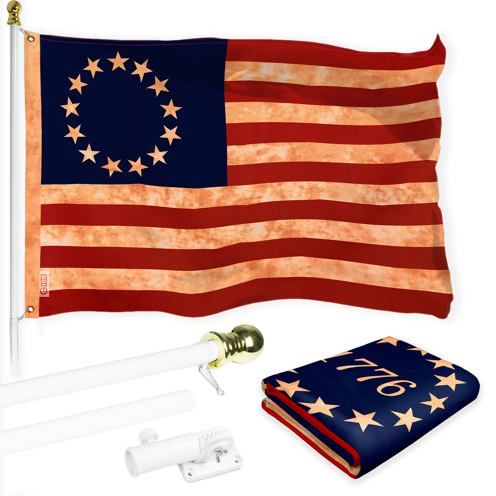 G128 Combo: 6Ft Flagpole White & Betsy Ross Tea-Stained Flag 3x5Ft Printed Poly gallery