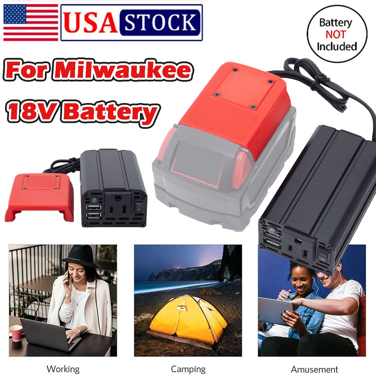 For Milwaukee 18V Battery Power Inverter Converter DC 15-21V To AC 110v w/USB US gallery