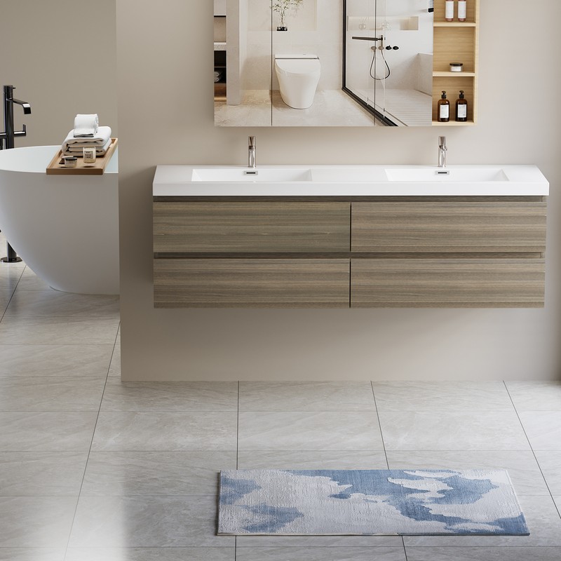 72 in Floating Wall-Mounted Bathroom Vanity W/ Resin Double Sink 4 Drawers Gray gallery