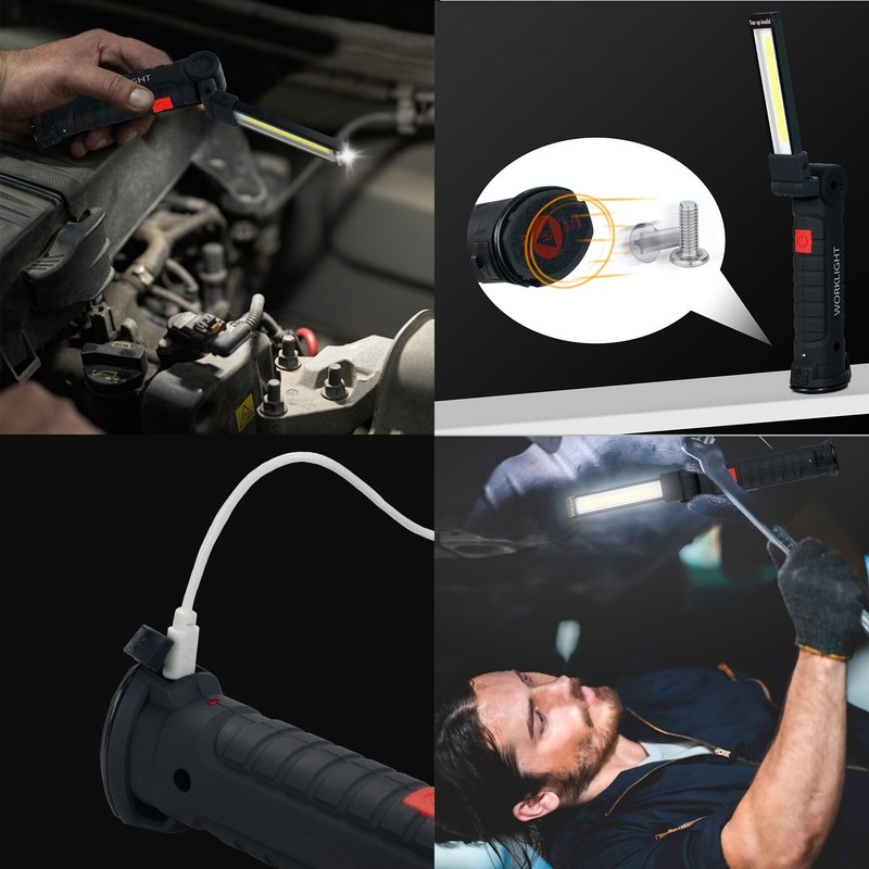 2 Pack Magnetic Base LED COB Work Light Rechargeable Mechanic Torch Flashlight gallery
