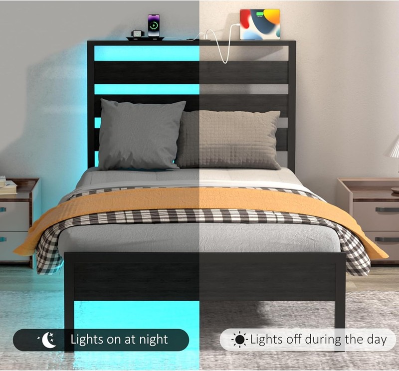 Bed Frame with Headboard, Platform Bed with LED & Charging Station, Heavy Duty gallery