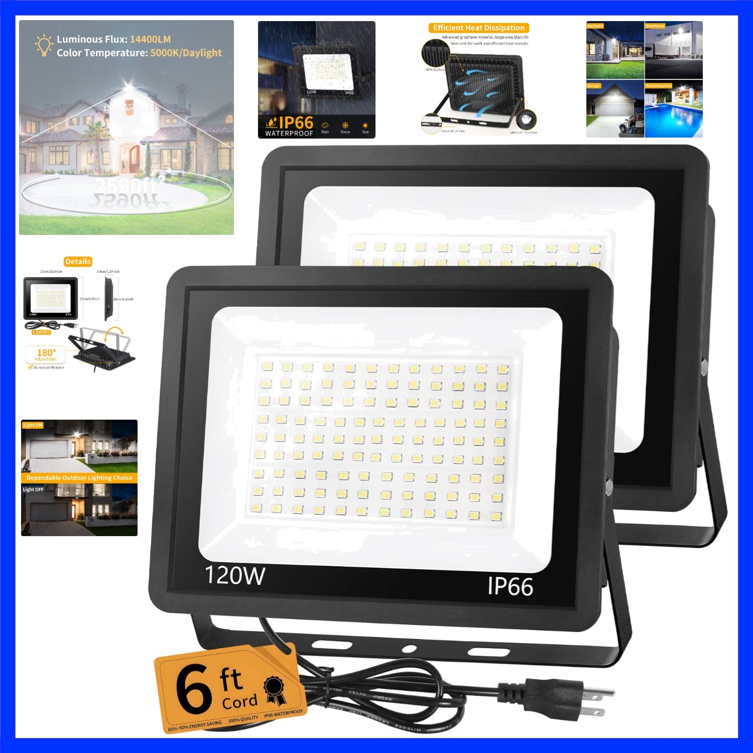 120W LED Flood Light Outdoor with 6ft Plug, 14400LM Brighter Exterior Securit... gallery