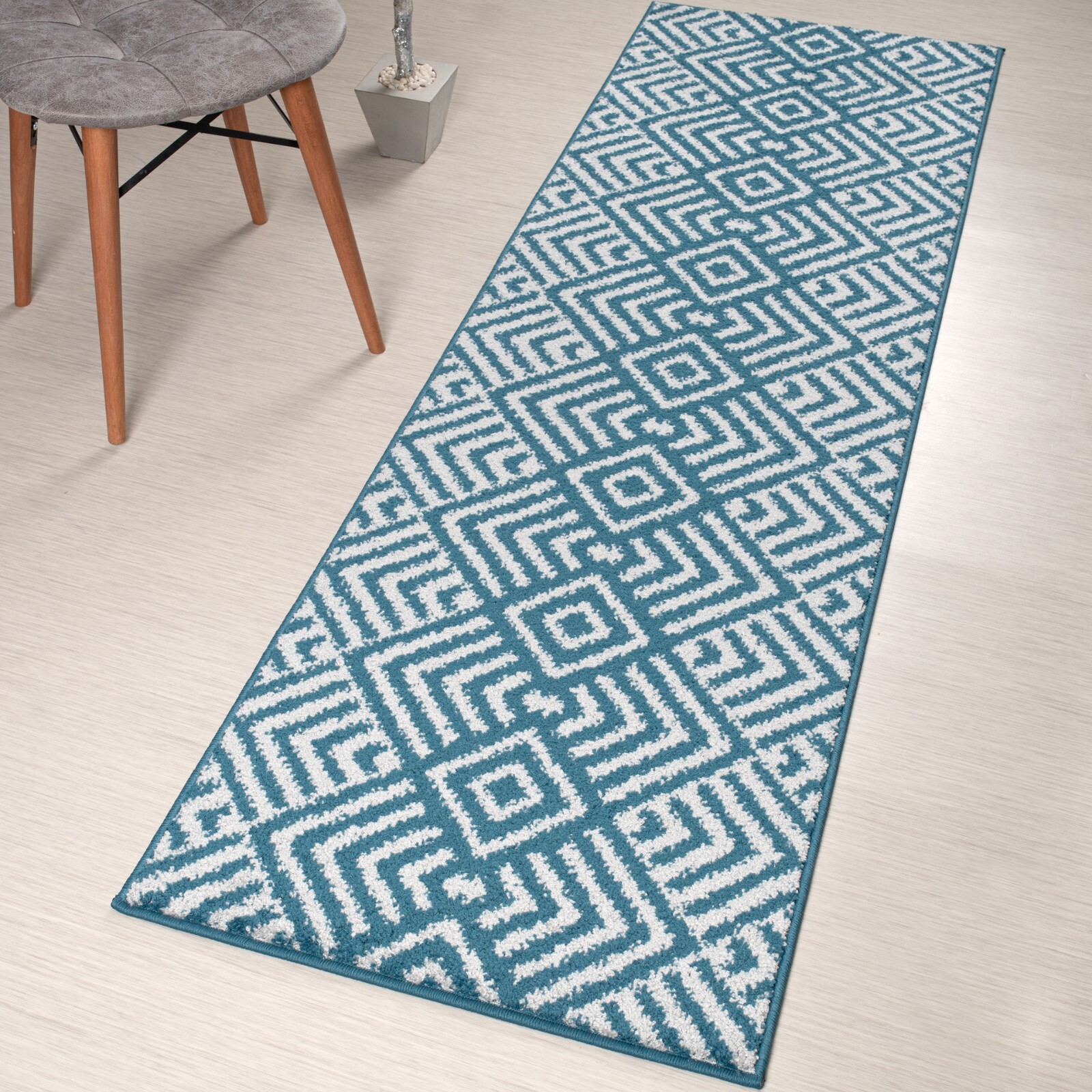Custom Length Stair Hallway Runner Rug Non Slip Backing, Chevron Blue gallery