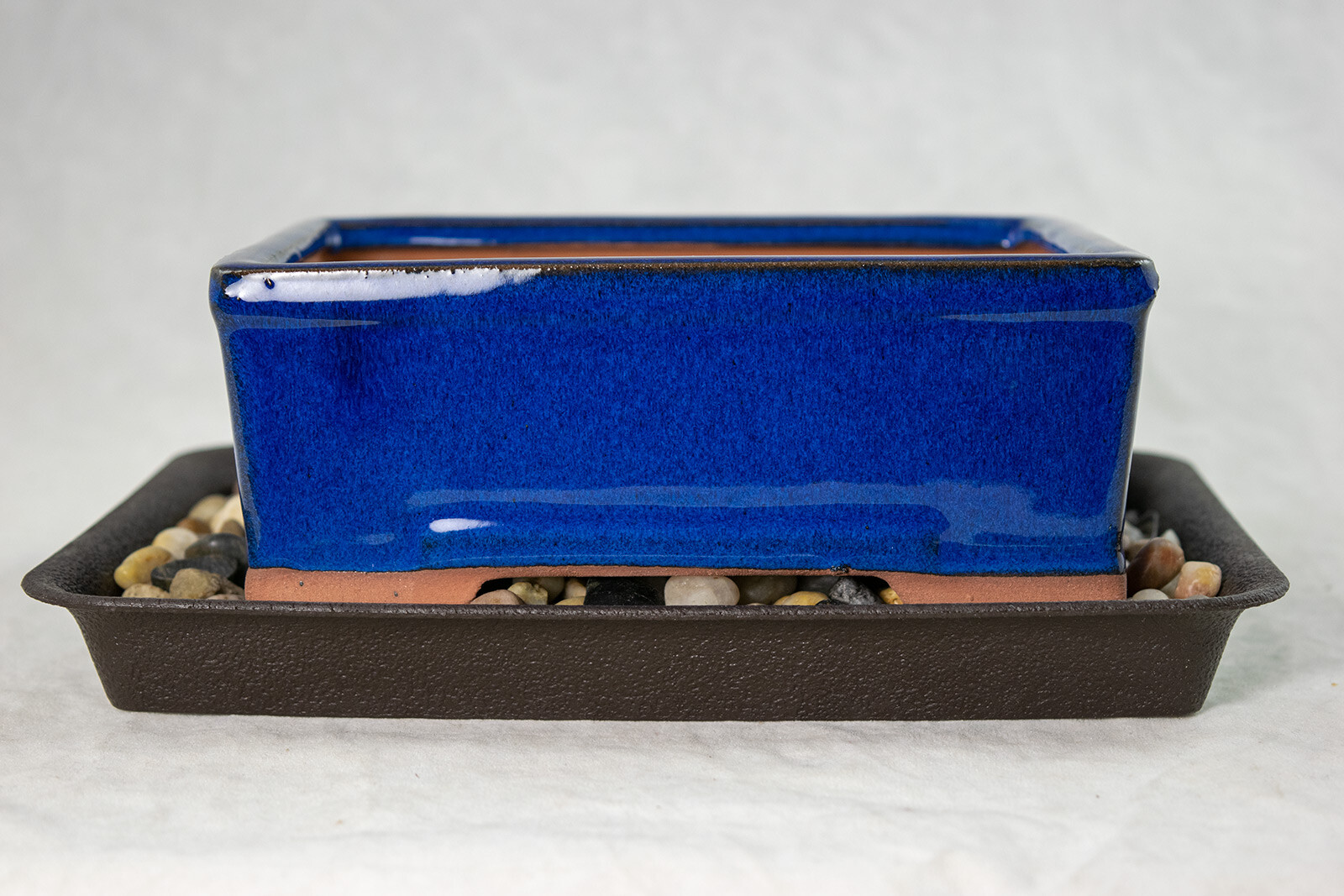 6.25" Rectangular Dark Blue Bonsai / Succulent Pot + Tray + Rock + Mesh Combo gallery