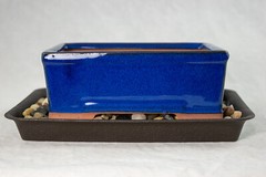 6.25″ Rectangular Dark Blue Bonsai / Succulent Pot + Tray + Rock + Mesh Combo