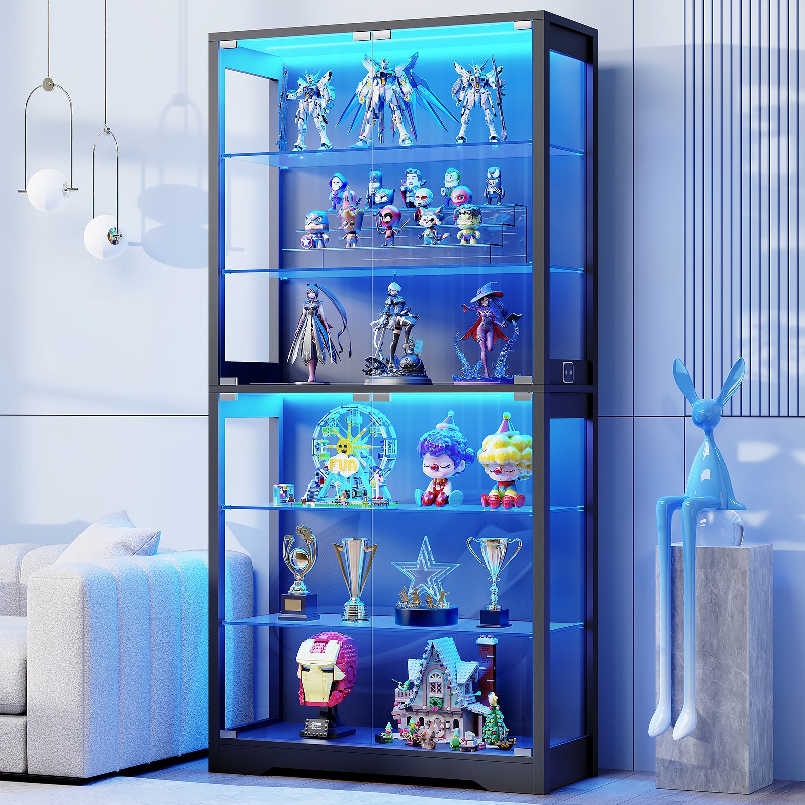 BROTTAR 6-Tier Adjustable Glass Display Cabinet with Doors & 3-Color LED Lights gallery