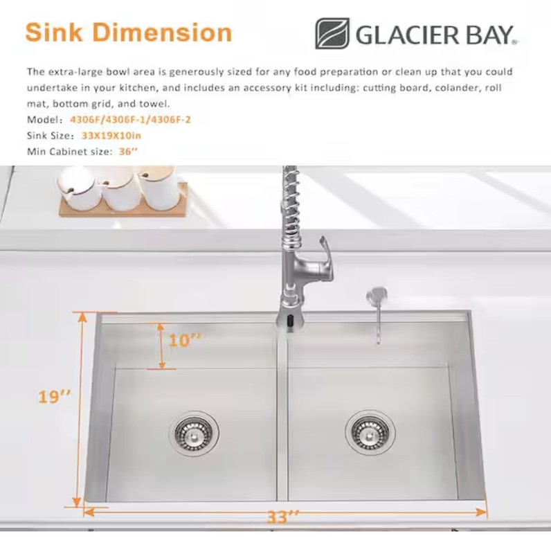 Glacier Bay Zero Radius 33in Undermount DoubleBowl Stainless Steel Sink & Faucet gallery