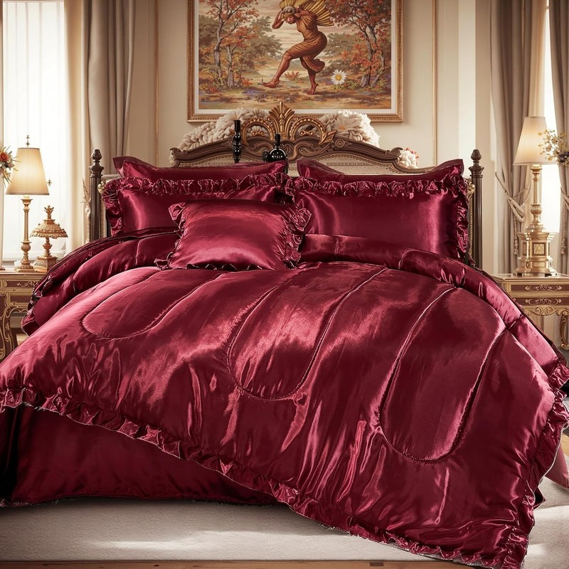 Silk Like Satin Comforter Set with Sheet Set King 8 Pcs Burgundy Satin Bedding S gallery