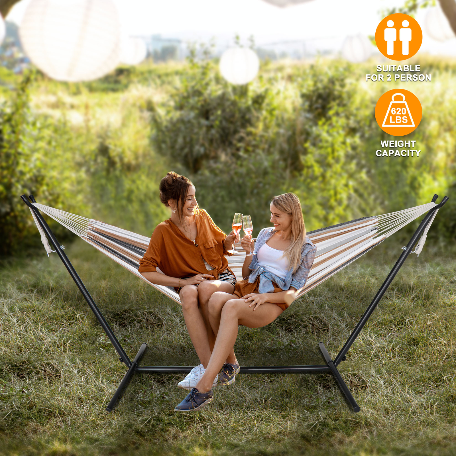 Double Hammock with 620lb Capacity 9FT Steel Stand and Portable Carrying Case gallery
