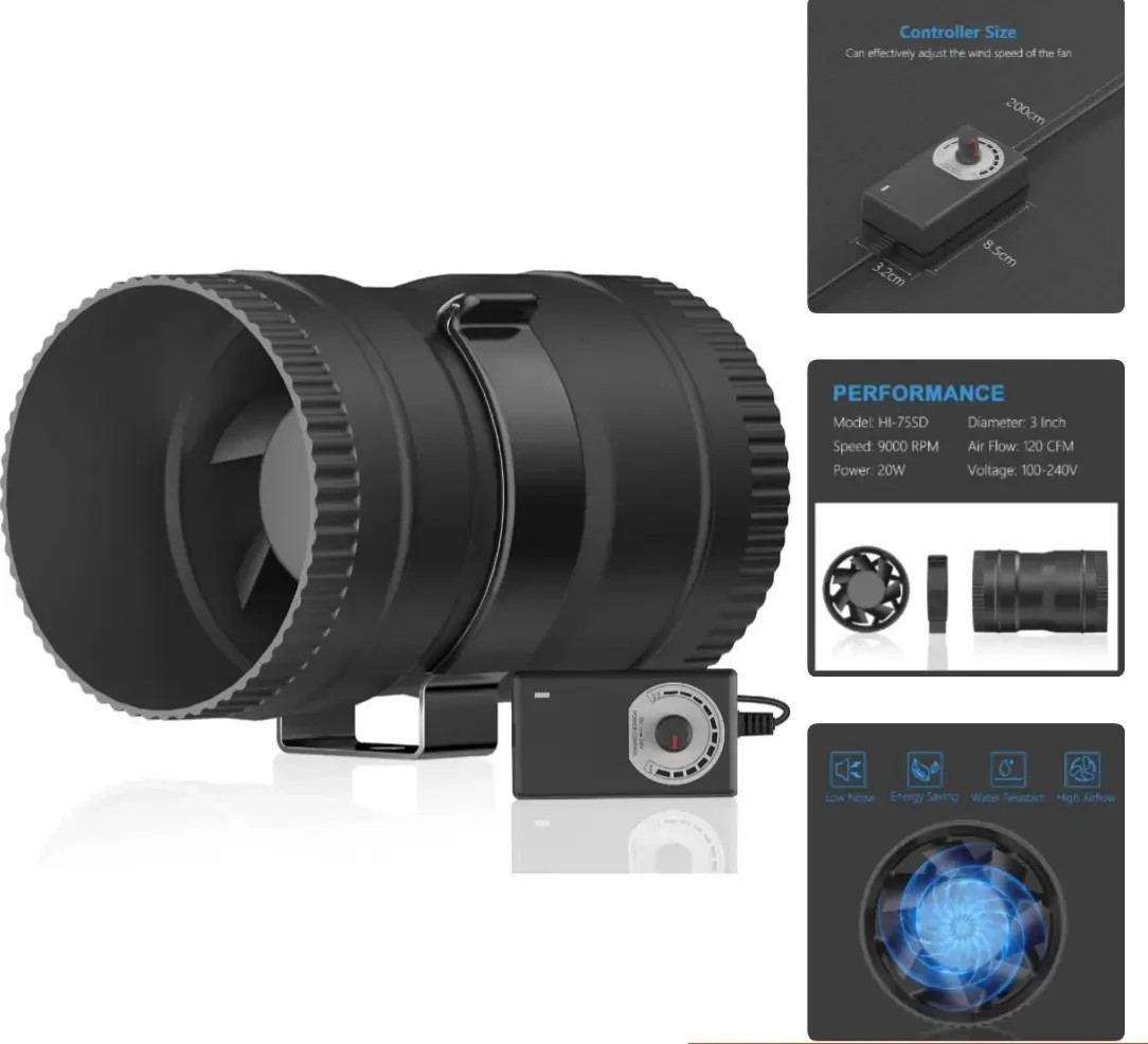 3 Inch Inline Blower Fan with Speed Controller 120 CFM Low Noise Eco Power gallery