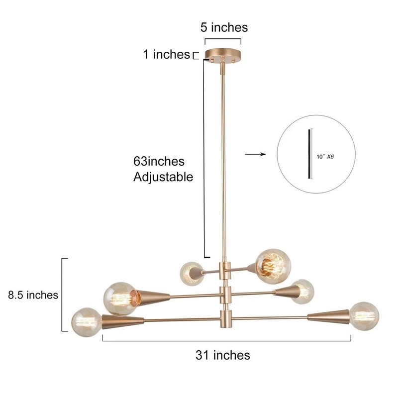 Uolfin Transitional Dining Room Chandelier 31 in. Modern Sputnik 6-Light Brass gallery