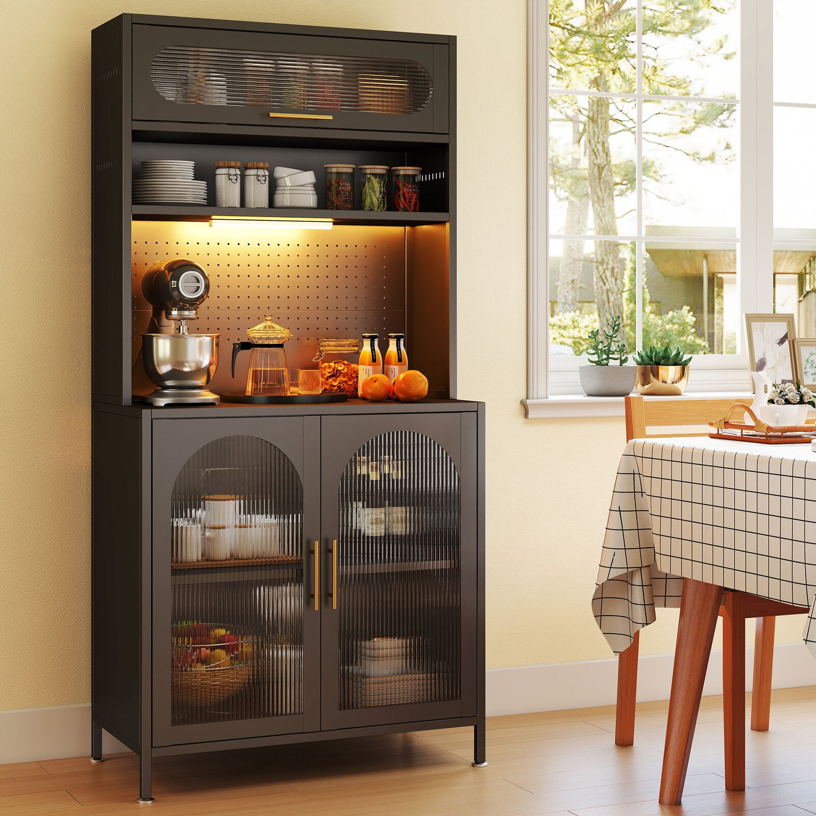 66" Metal Kitchen Pantry Cabinet w/ LED Light 5-Tier Adjustable Shelves Storage gallery