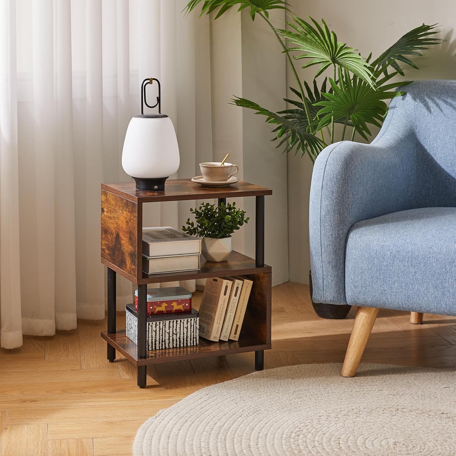 Side Table for Bedroom, Narrow End Small, Wood Legs, Rustic Brown/Black gallery