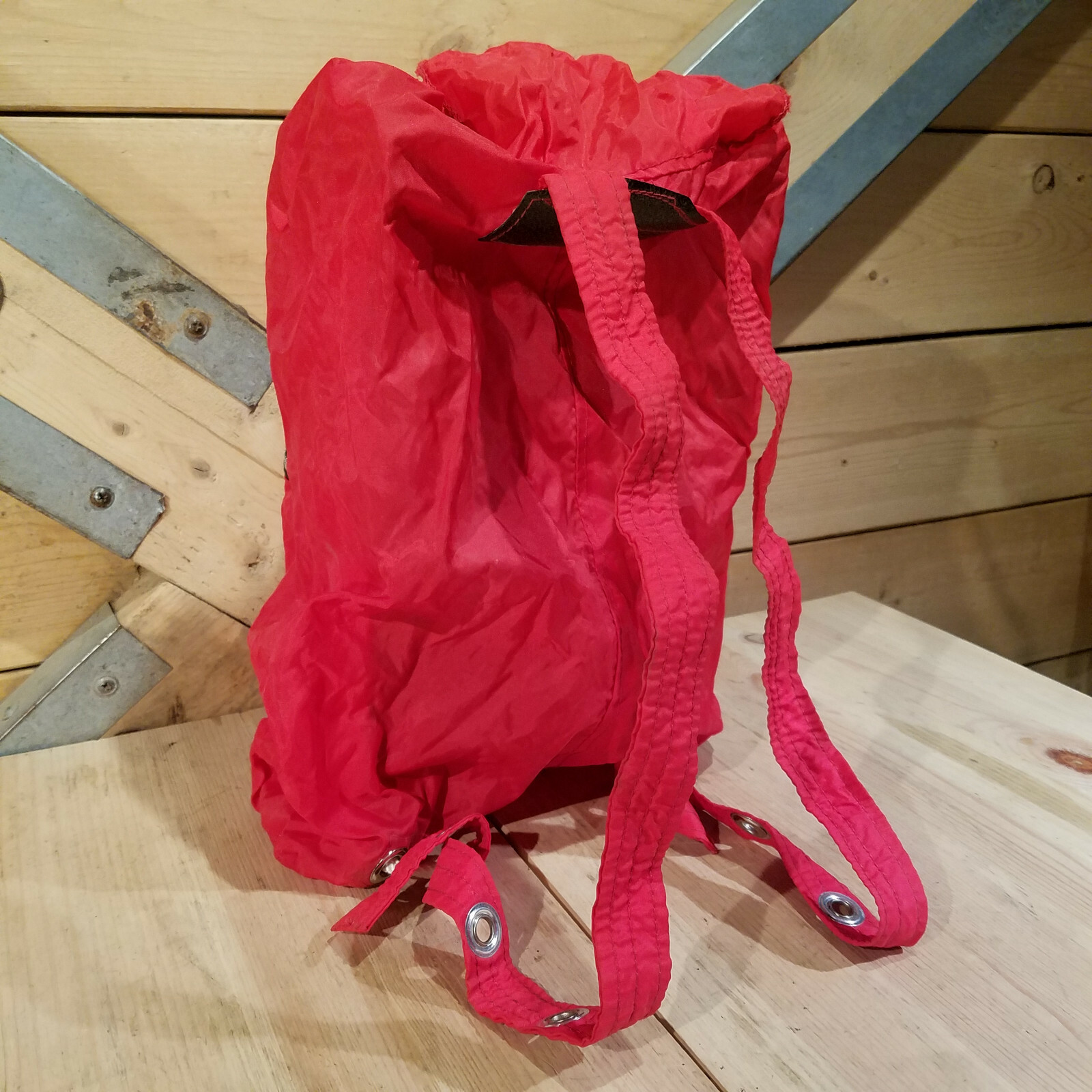 Red Polyester Drawstring Backpack Tear Drop w Leather Accents - Swanky Barn 4