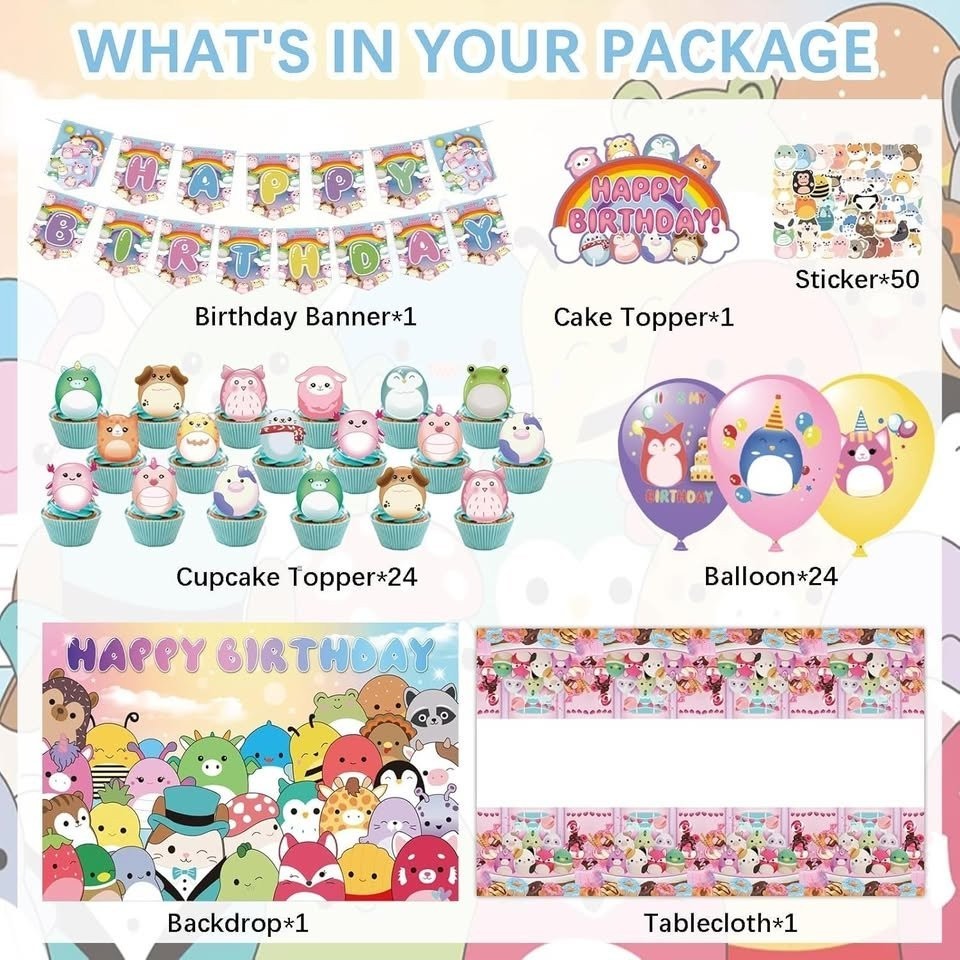 102 pcs Squishmallow Birthday Banner/Balloons/Stickers and More Party Decor gallery