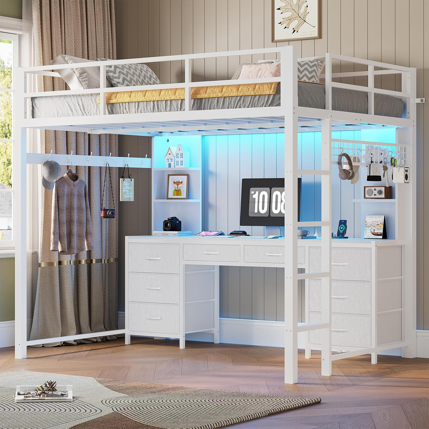 ADORNEVE Full Size Loft Bed with Desk and 8 Storage Drawers, Metal Loft Beds Ful gallery