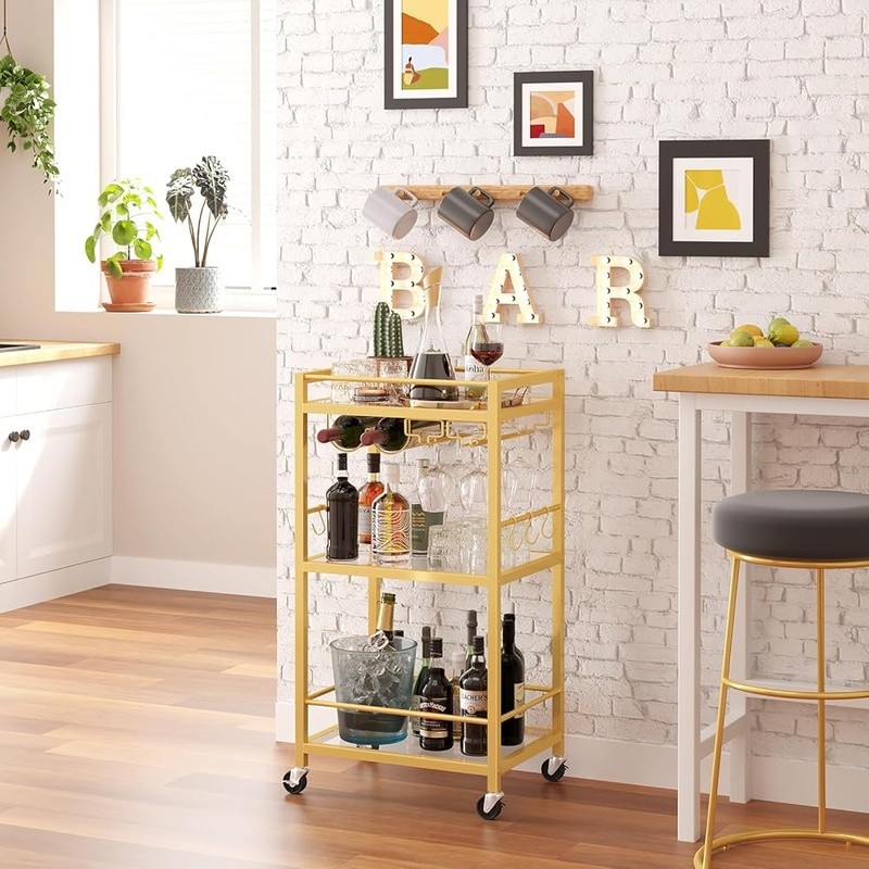 Multifunctional Bar Cart Serving Kitchen Drink Cart W/ Wine Rack & Wheels New gallery