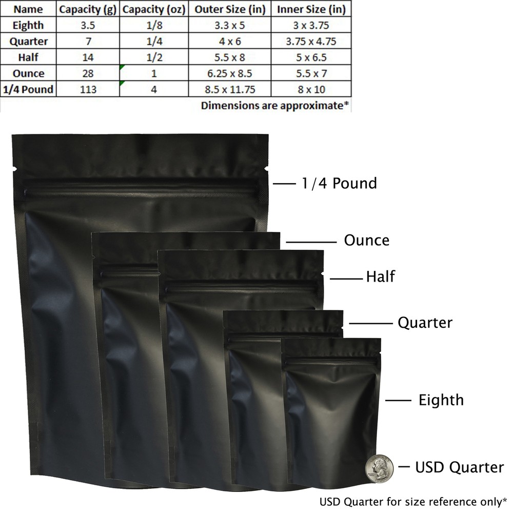Matte Black Barrier Resealable Standing Storage Bags Oz to 1/4 Pound Sizes