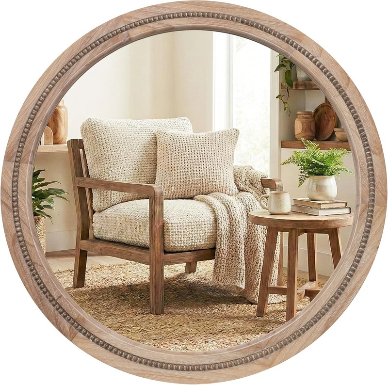 30" Round Solid Wood Mirror, Handcrafted Beaded Circle for Bathroom Vanity gallery