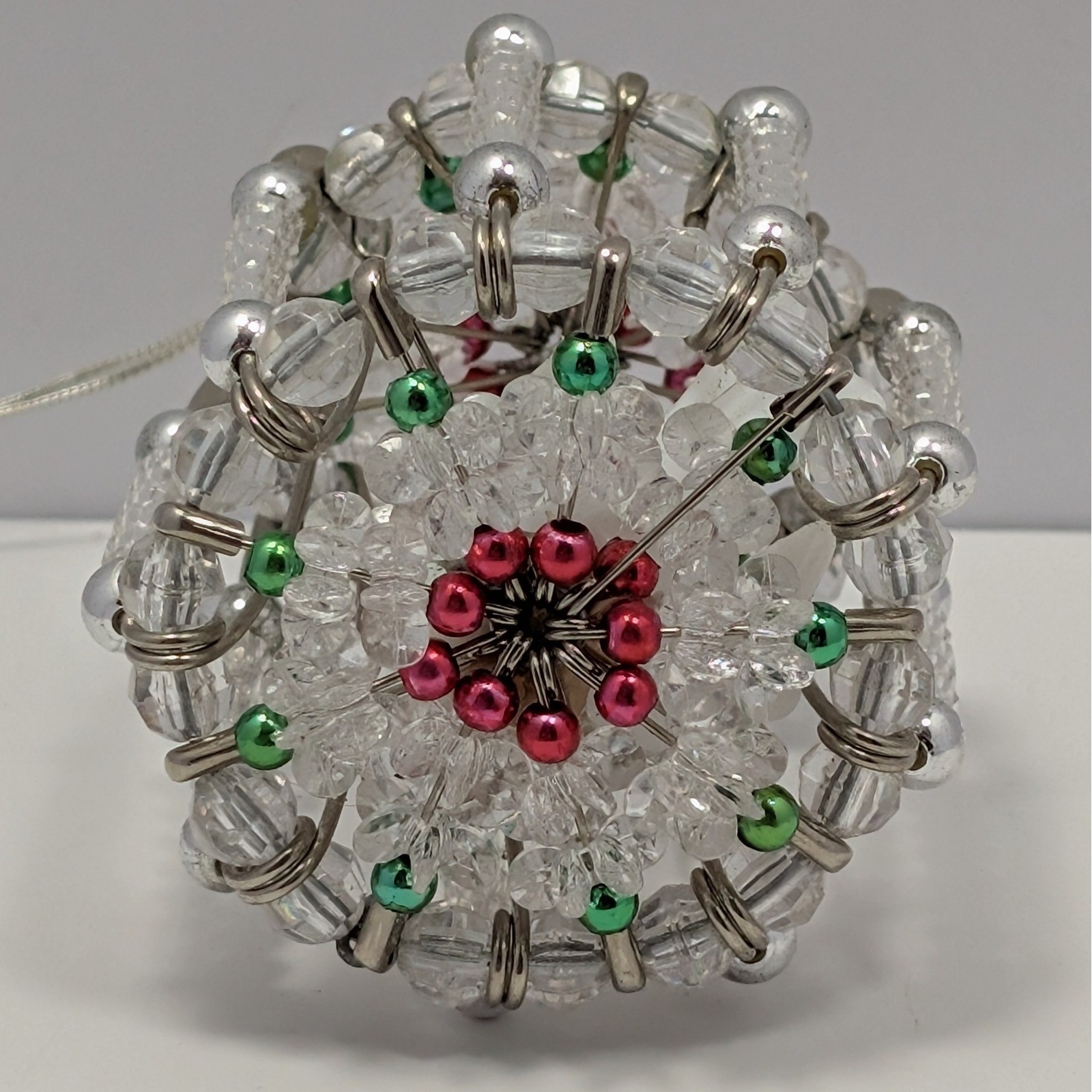 VTG Handmade Beaded Bird Cage Christmas Ornament Clear Crystal Silver Red Green gallery