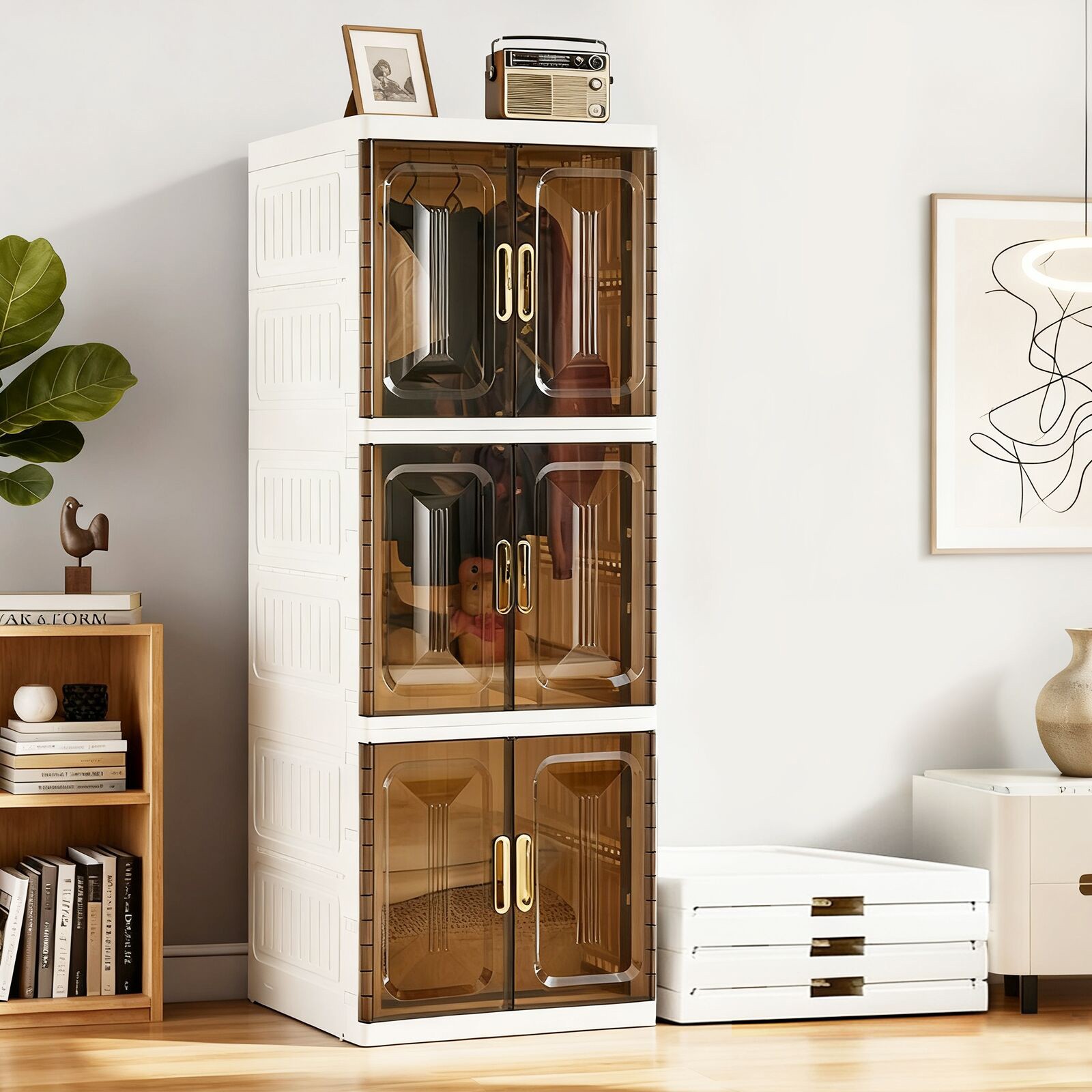 3 Layer Portable Wardrobe Closet Folding Clothes Cabinet Armoire with Wheels gallery
