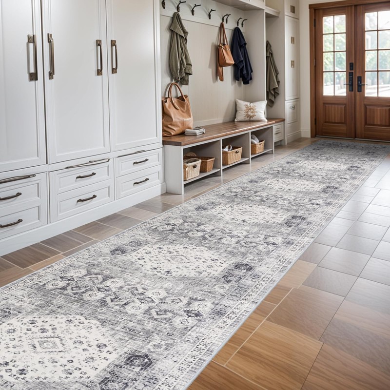RUUGME 3x20 Washable Runner Rug - Extra Long Vintage 3' x 20' (Runner), Grey gallery