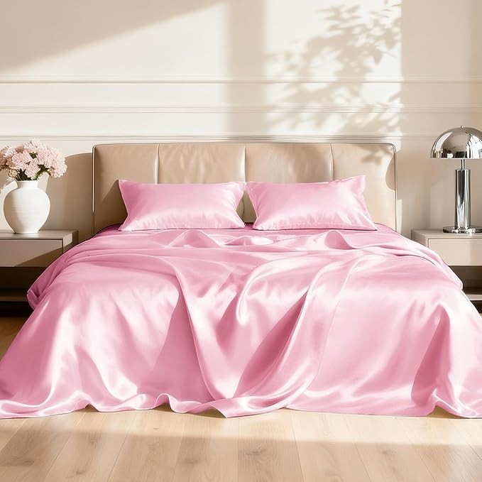 4 Piece Queen Satin Sheets Set Pink Silky Bed w/ Deep Pocket Luxury Ultra-Soft gallery