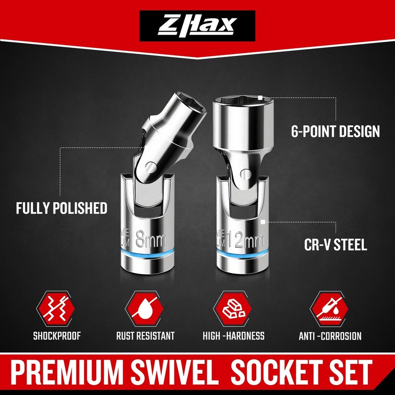 12 Pcs 1/4" Drive Universal Flex Socket Set, 6-Point Metric (5-15mm)Swivel Joint gallery