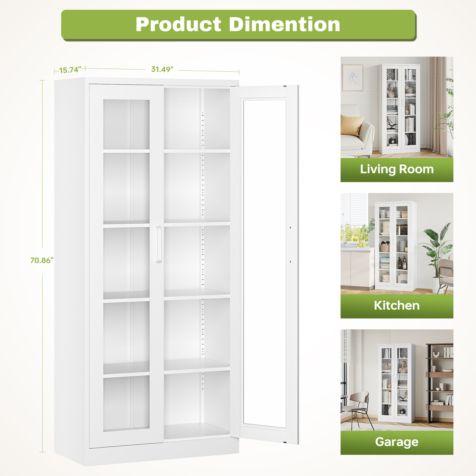 Tall Storage Cabinet Curio Display Cabinet with Adjustable Shelves Glass Doors gallery