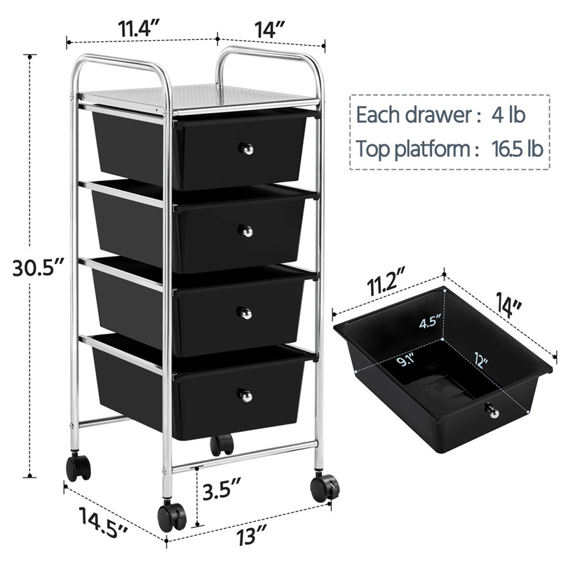 Rolling Storage Cart Plastic Bin Unit With 4 Drawers, Metal Frame, PP Drawers gallery