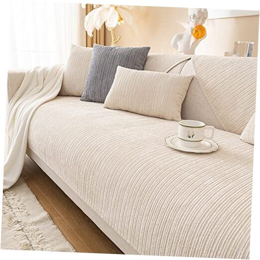 Soft Chenille Sofa Couch Cover Solid Color Striped Weave 27"x47" Cream gallery