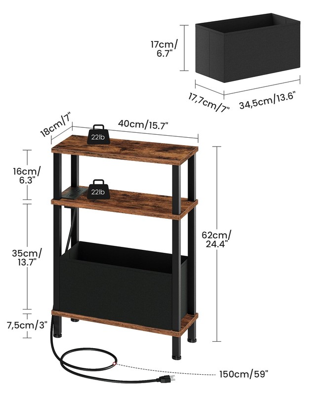 Small Narrow Side Table Charging Station Skinny End Table Rustic Brown Black gallery