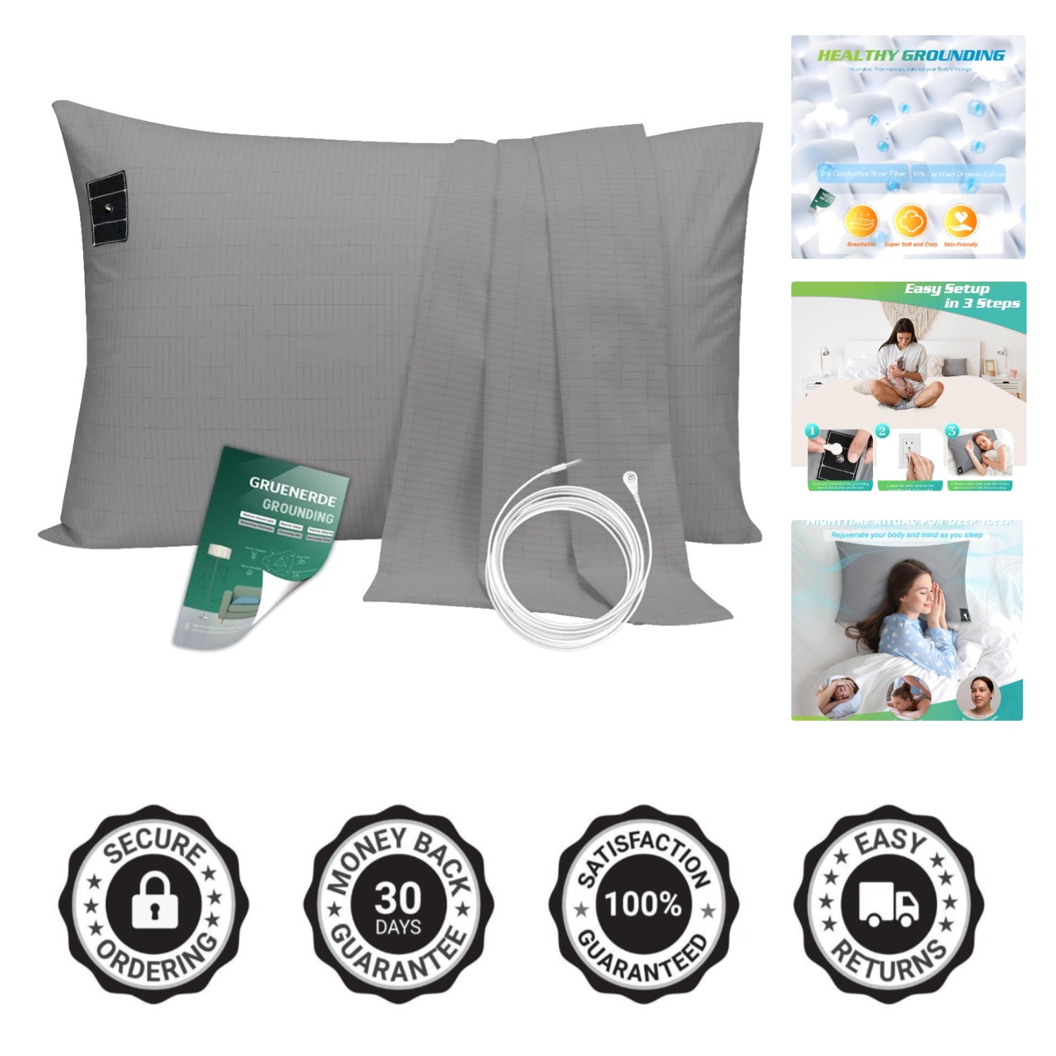 10% Silver Fiber Grounding Pillowcase - Organic Cotton for Better Sleep 20x30in gallery