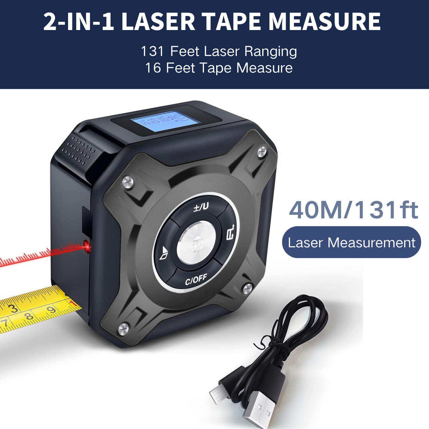 W/ 16ft AutoLock Measuring Tape 2 in 1 Digital Laser Tape Measure 130ft/40m gallery
